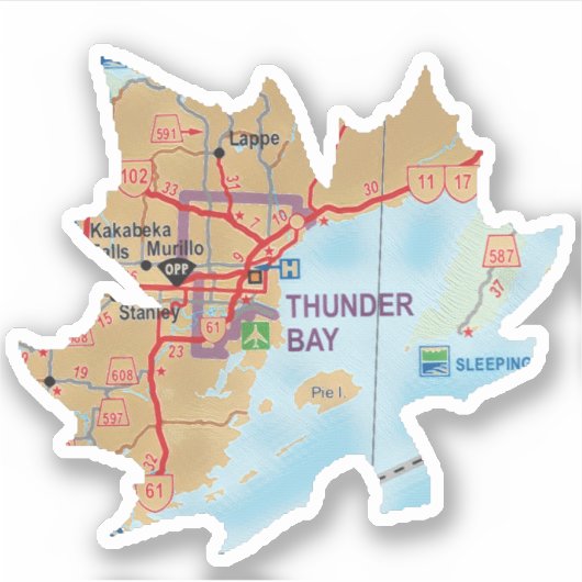 Kaart van Thunder Bay Ontario Sticker (Voorkant)