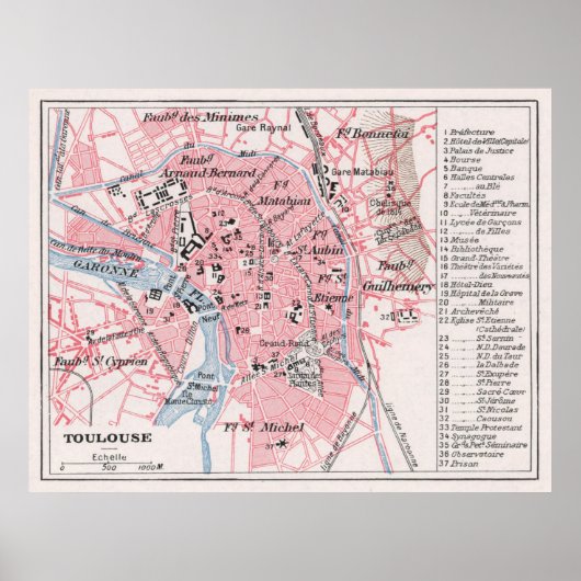  kaart van Toulouse Frankrijk (1900) Poster (Voorkant)