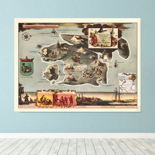 Kaart van Treasure Island door Robert Louis Steven Canvas Afdruk (Insitu (Houten vloer))