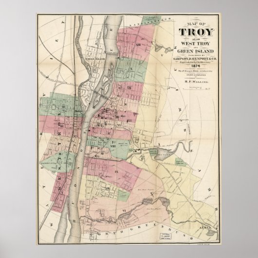  kaart van Troy NY (1874) Poster (Voorkant)