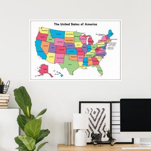 Kaart van USA gelabeld Kleur Poster (Thuiskantoor)