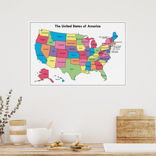 Kaart van USA gelabeld Kleur Poster (Keuken)