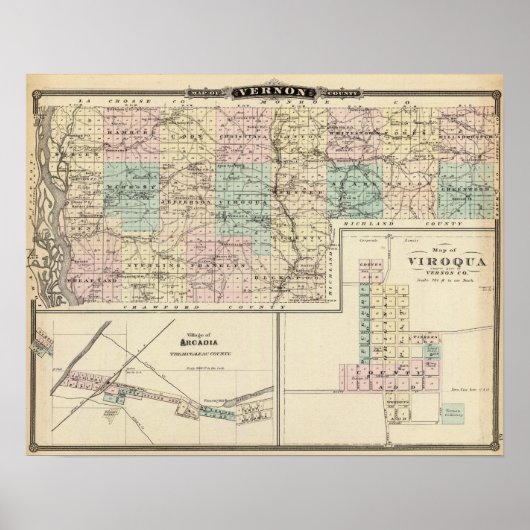 Kaart van Vernon County, Arcadia en Viroqua Poster (Voorkant)