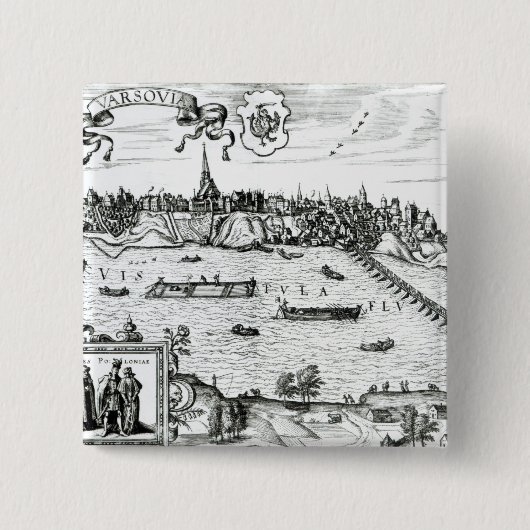 Kaart van Warschau, van "Civitates Orbis Terrarum" Vierkante Button 5,1 Cm (Voorkant)