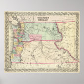 kaart van Washington en Oregon (1856) Poster (Voorkant)