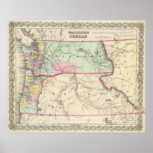 kaart van Washington en Oregon (1856) Poster (Voorkant)