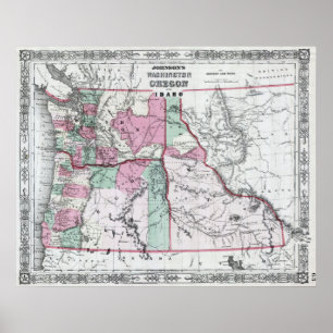  kaart van Washington, Oregon en Idaho (1864) Poster