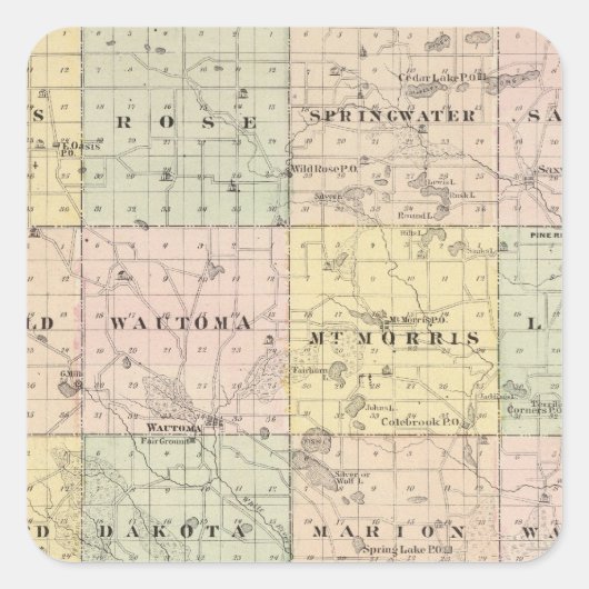 Kaart van Waushara County, Necedah en Wautoma Vierkante Sticker (Voorkant)