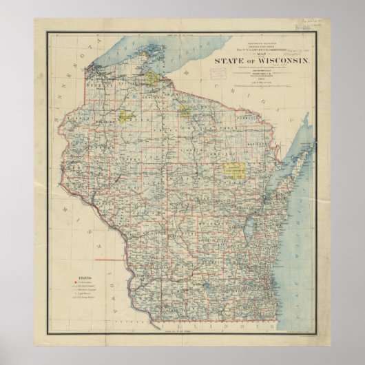 kaart van Wisconsin (1895) Poster (Voorkant)
