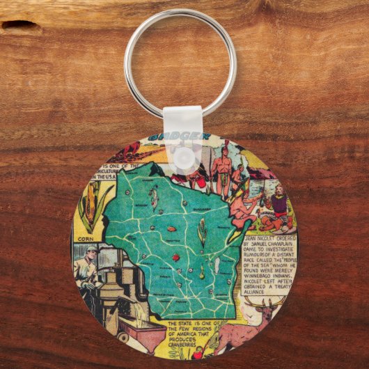 Kaart van Wisconsin en feiten Sleutelhanger (Voorkant)