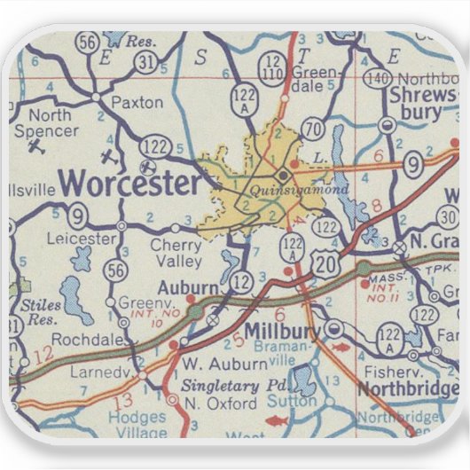  kaart van Worcester MA Sticker (Voorkant)