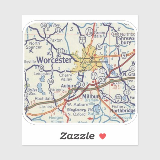 kaart van Worcester MA Sticker (Vel)