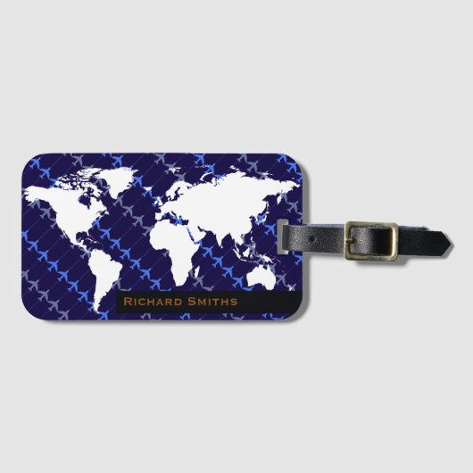 Kaart van World Airplane Travel Blue gepersonalise Bagagelabel (Voorkant (horizontaal))