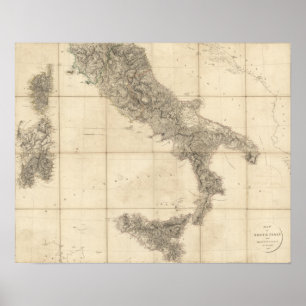 Kaart van Zuid-Italië en aangrenzende kusten Poster
