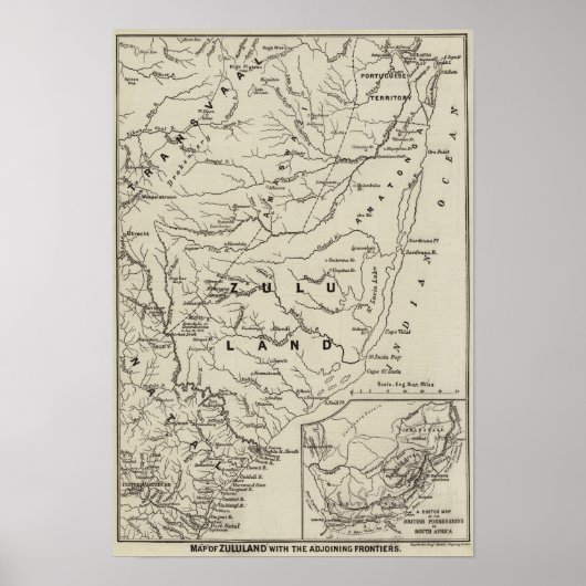 Kaart van Zulululand met de aangrenzende grenzen Poster (Voorkant)