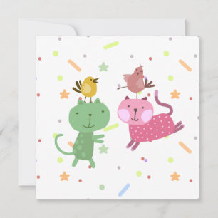 kaart verjaardag 2 poezen 2 vogeltjes