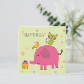 kaart verjaardag olifantje poes en cupcake (Staand voorkant)