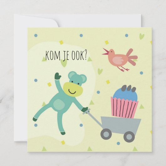 kaart verjaardag uitnodiging aapje cupcake (Voorkant)