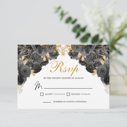 Kaart voor Black and Gold Floral RSVP Enclosure (Staand voorkant)