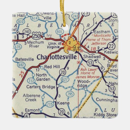  kaart voor Charlottesville VA Keramisch Ornament (Voorkant)