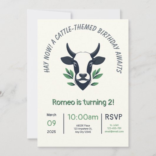 Kaart voor een verjaardagsuitnodiging met een rund (Voorkant)