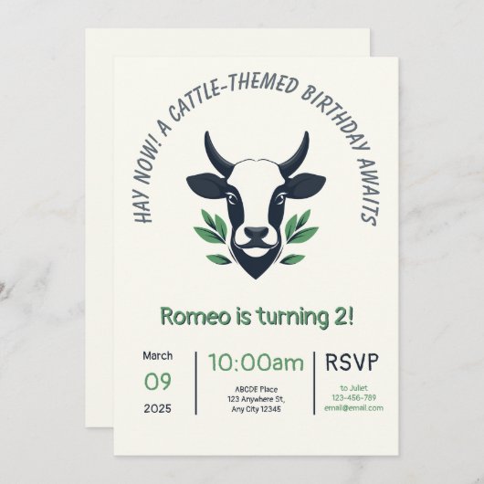 Kaart voor een verjaardagsuitnodiging met een rund (Voorkant / Achterkant)