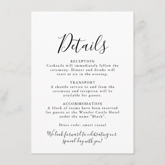 Kaart voor formele bruiloft-details kalligrafie (Voorkant)