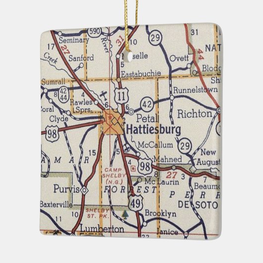  kaart voor Hattiesburg MS Keramisch Ornament (Links)