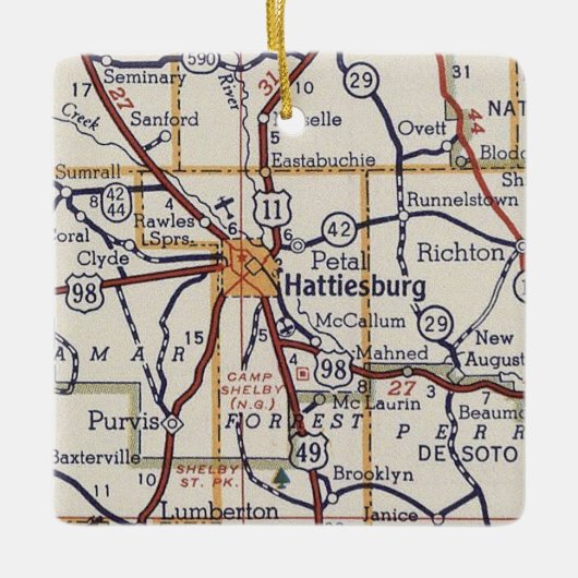  kaart voor Hattiesburg MS Keramisch Ornament (Voorkant)