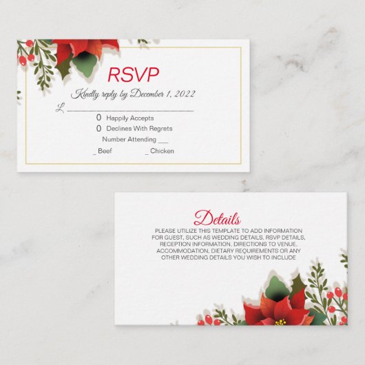 Kaart voor kerstcadeautje Poinsettia Wedding RSVPE (Voorkant / Achterkant)