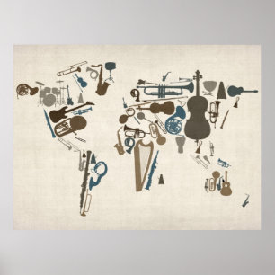 Kaart voor muziekinstrumenten van de wereld poster