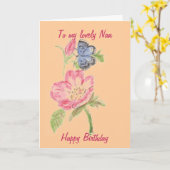 Kaart voor Nan. Mooie vlinder op roze bloem (Gele Bloem)