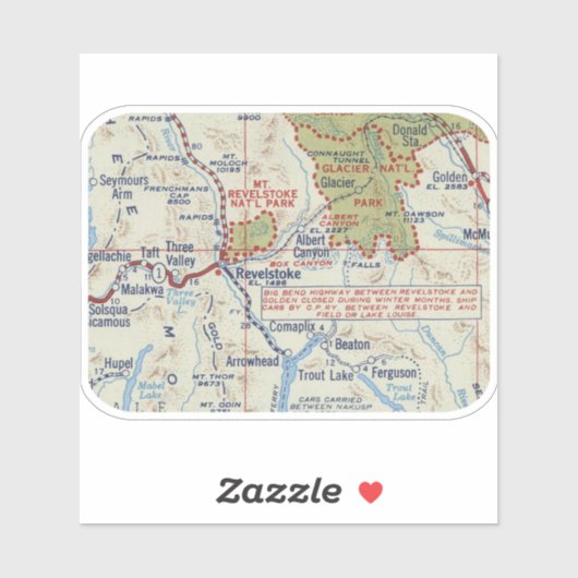  kaart voor Revelstoke BC Sticker (Vel)