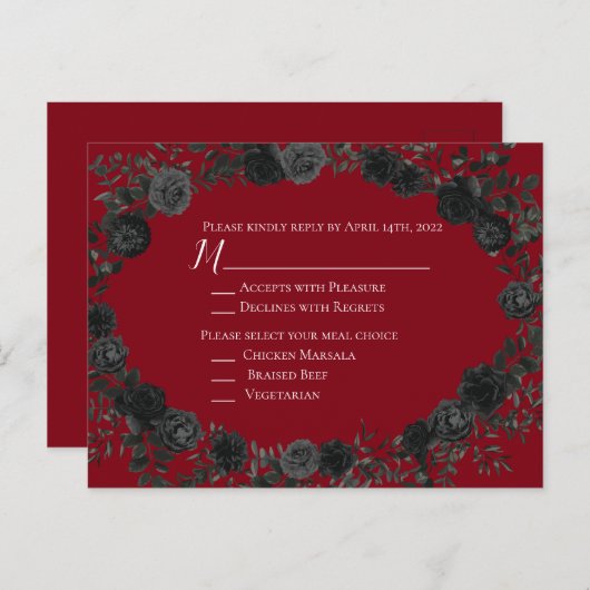 Kaart voor rood en zwart Roos Gothic Wedding Reply (Voorkant / Achterkant)