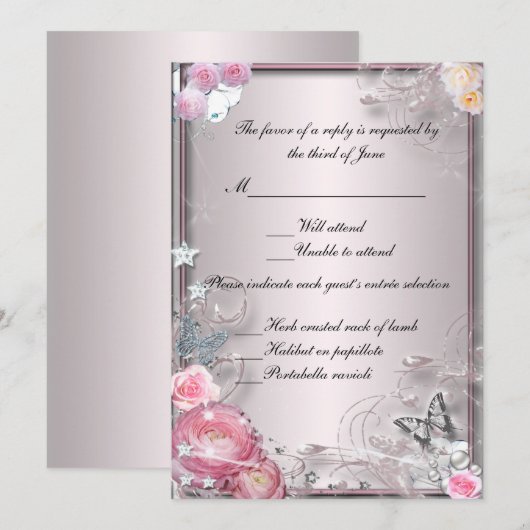 Kaart voor roze Floral- en vlinderreactie (Voorkant / Achterkant)