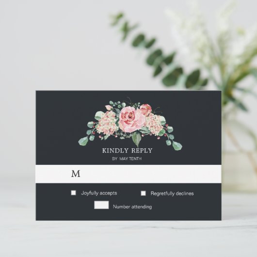 kaart voor RSVP-bloemrespons 'midnight bloom' (Staand voorkant)