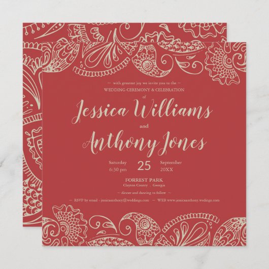 Kaart voor uitnodiging tot het Rode Rustische Bohe (Voorkant / Achterkant)