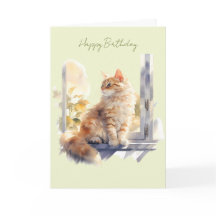 Kaart voor verjaardag met oranje poes in raam