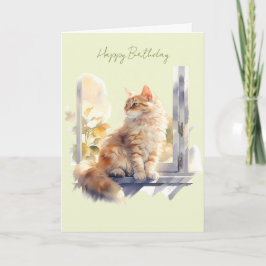Kaart voor verjaardag met oranje poes in raam