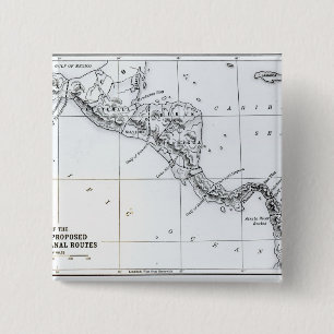Kaart Voorgestelde Isthmian Canal Routes Vierkante Button 5,1 Cm