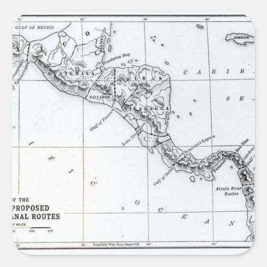 Kaart Voorgestelde Isthmian Canal Routes Vierkante Sticker (Voorkant)