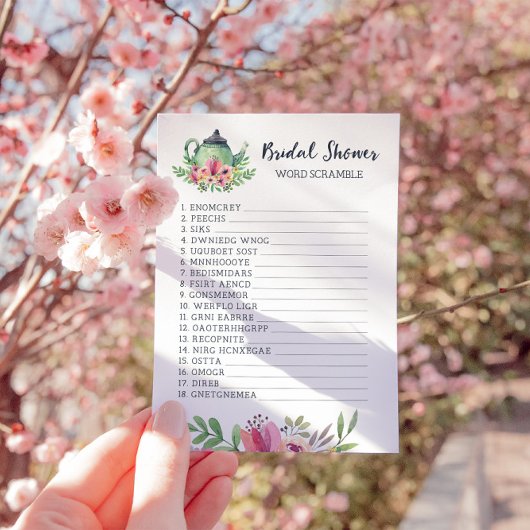 Kaart vrijgezellenfeest Tea Party Word Scramble Ga