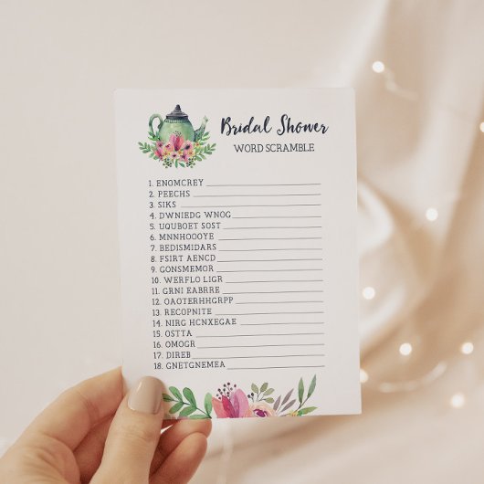 Kaart vrijgezellenfeest Tea Party Word Scramble Ga