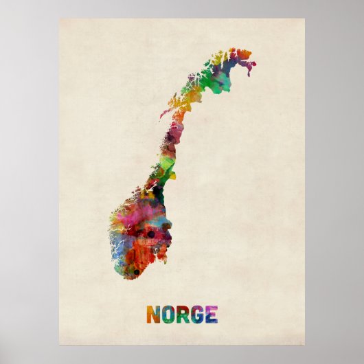 Kaart Waterverf Noorwegen Poster (Voorkant)