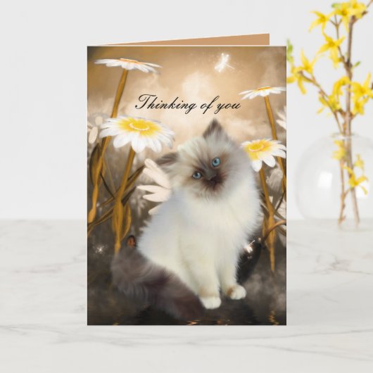 Kaart White Cat Kitten Flowers "Thinking of you" (Gele Bloem)