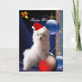 Kaart White Puppy Dog Flowers "Prettige feestdagen