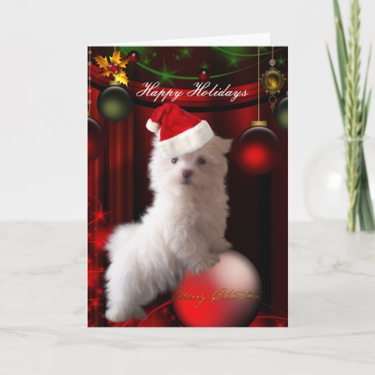 Kaart White Puppy Dog Flowers "Prettige feestdagen (Voorkant)