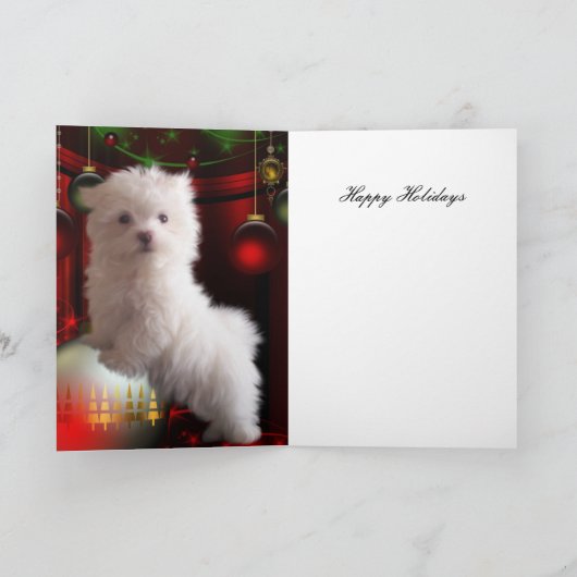 Kaart White Puppy Dog Flowers "Prettige feestdagen (Binnen)