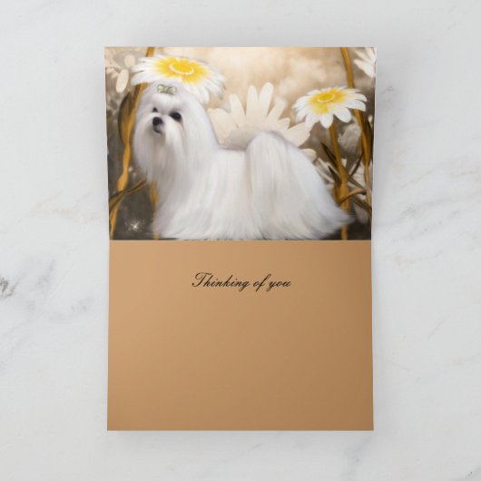 Kaart White Puppy Dog Flowers "Thinking of you" (Binnen)