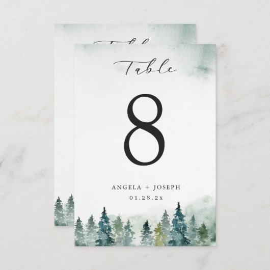 Kaart winterbos Pine Trees Wedding Table Number (Voorkant / Achterkant)